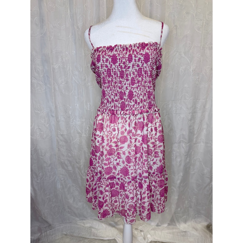 Wilfred Aritzia Pink Floral Smocked Mini Dress Tiered Ruffle 2XL Summer Boho - Picture 3 of 7
